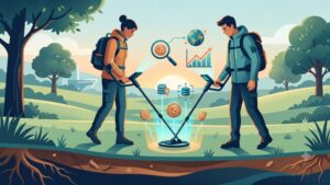 Современная иллюстрация процесса поиска антикварных монет с помощью металлоискателя для блога о коллекционировании