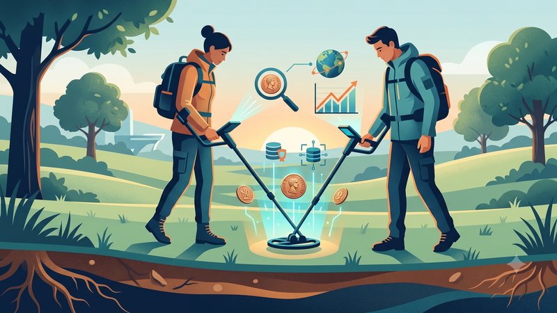 Современная иллюстрация процесса поиска антикварных монет с помощью металлоискателя для блога о коллекционировании